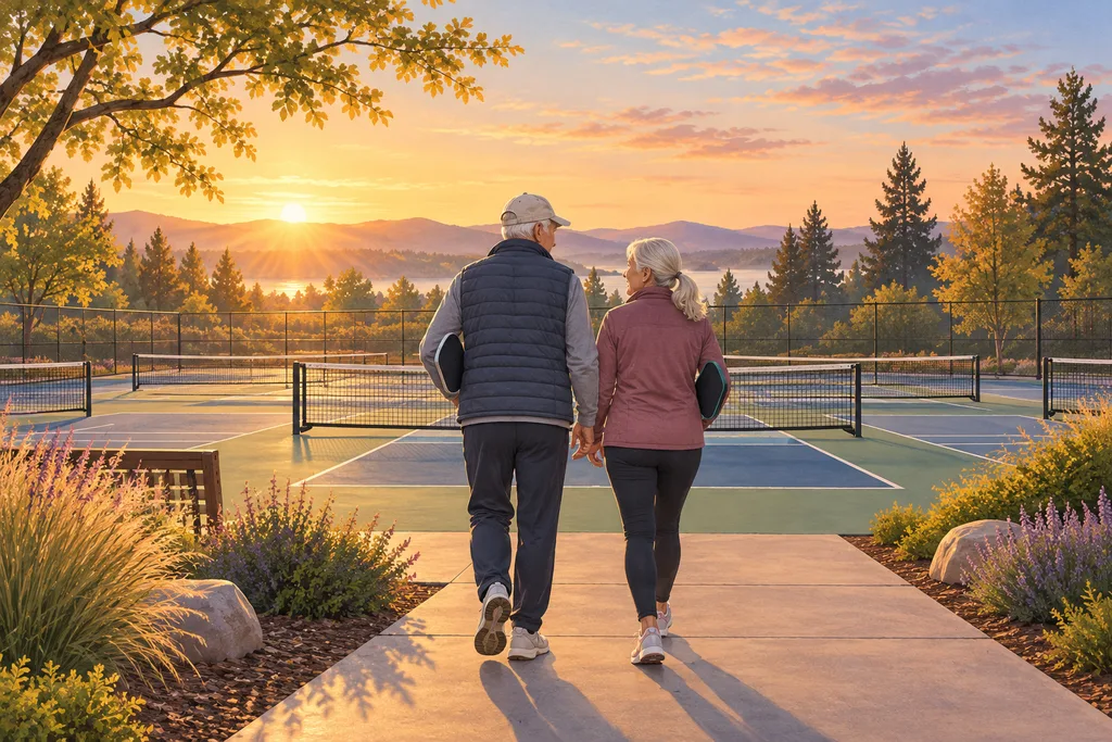 Une femme et un homme âgés marchent vers un terrain de pickleball, palette sous le bras, au petit matin.