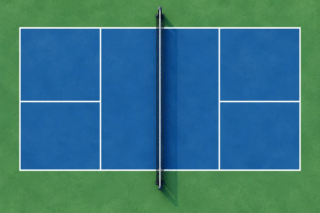 Vue de dessus d'un terrain de pickleball avec ses lignes et la zone proche du filet, dessinée en style épuré.